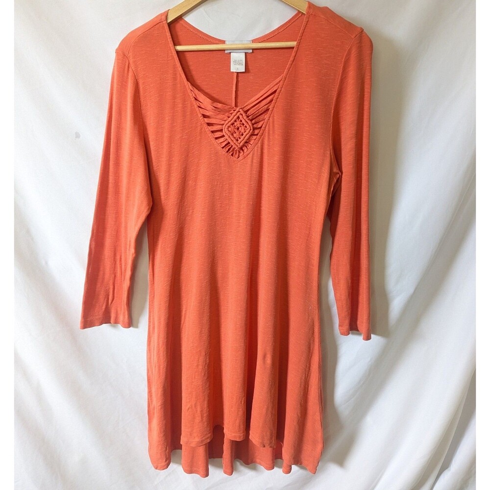Soft Surroundings Sz L Shirt Tunic Dress Womens Orange 3/4 Sleeve BOHO